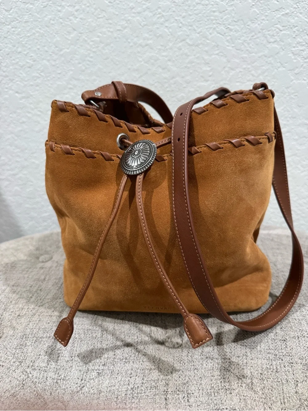 Tecovas Suede Drawstring Bucket Bag in Tan